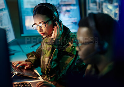 Buy stock photo Military control room, headset and woman with communication, computer and technology. Security, global surveillance and soldier with teamwork in army office at government cyber data command center.