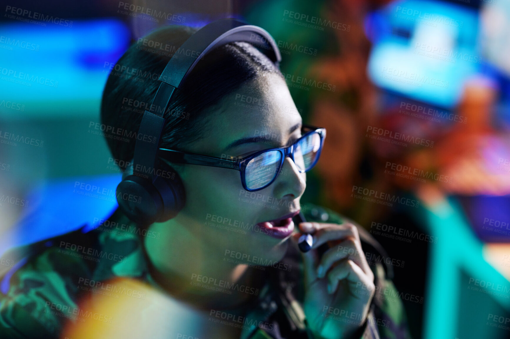 Buy stock photo Military control room, headset and talking, woman with computer and technology for cyber intelligence. Security, surveillance and soldier in communication in army office at government command center.