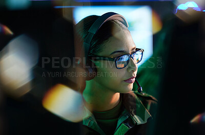 Buy stock photo Military control room, security and woman monitor CCTV, global army network or online surveillance system. Data center, cyber support soldier and face of person helping with crime safety service