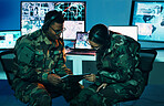 Military control room, tablet or team monitor CCTV, army database server or online surveillance system. Data center, soldier collaboration or people teamwork on crime report, safety or security intel