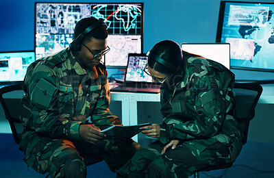 Buy stock photo Military control room, tablet or team monitor CCTV, army database server or online surveillance system. Data center, soldier collaboration or people teamwork on crime report, safety or security intel