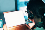 Military control room, computer screen and woman with mockup, headset and tech for communication. Security, surveillance and and soldier with blank monitor in army office at government command center