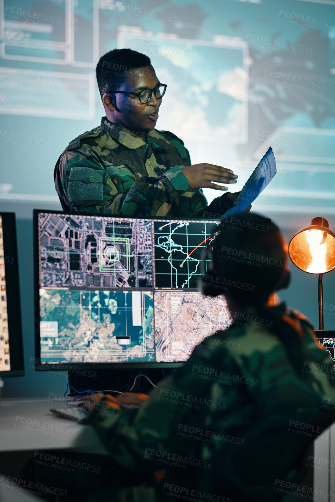 Buy stock photo Military control room, computer and woman with team leader, headset and tech in communication. Security, surveillance management and soldier with black man in army office at government command center