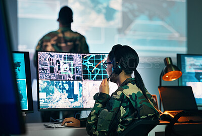 Buy stock photo Military command center, computer screen and woman in surveillance, headset and tech for communication. Security, world satellite map and soldier at monitor in army office at government control room.