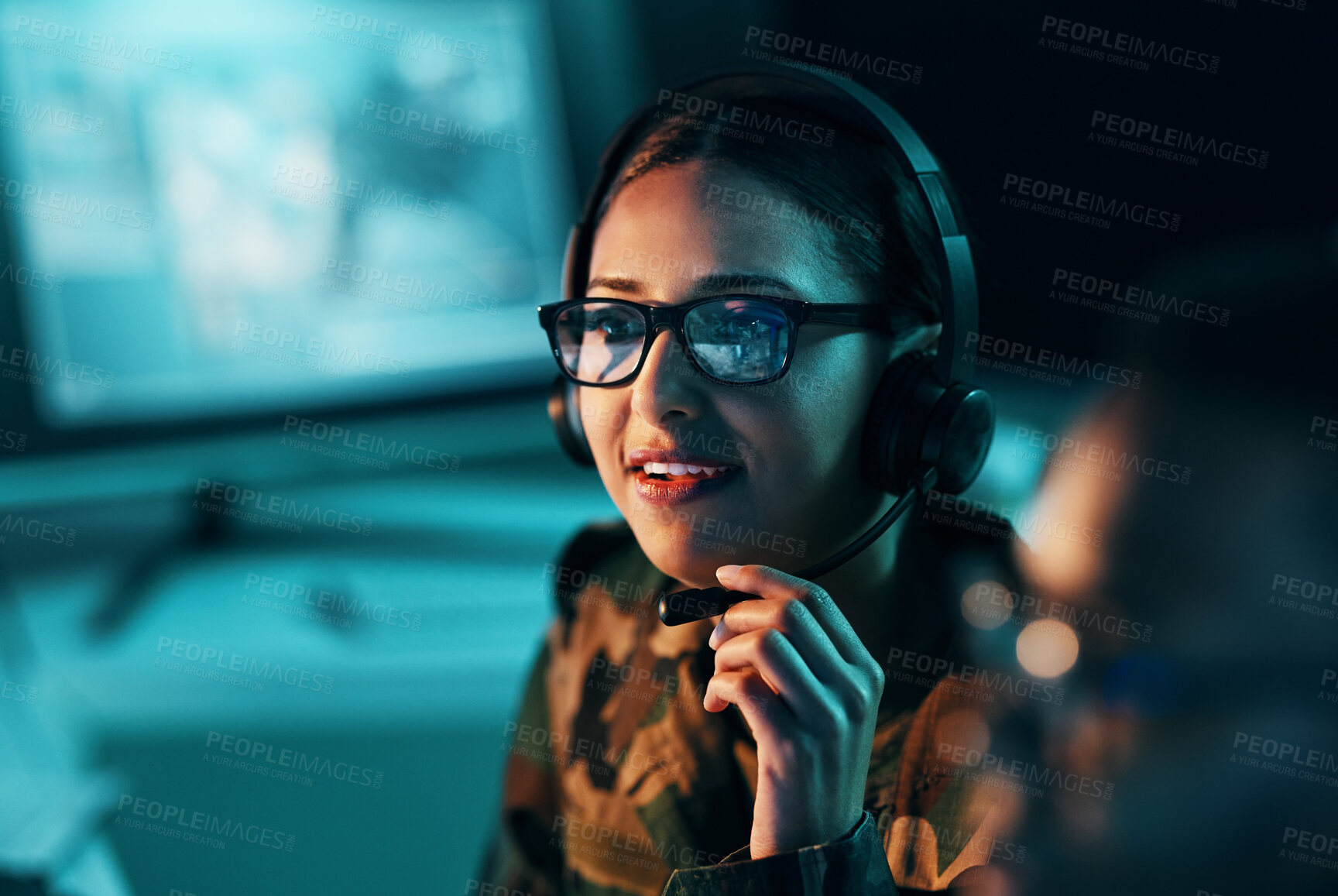 Buy stock photo Call center, woman and face with microphone and glasses for information technology, big data or intelligence agency. Person, cyber security and smile for communication, analysis and support to army
