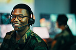 Portrait, call center and face of man with microphone and glasses for information technology, data or intelligence agency. Cyber security, person and smile for communication, analysis and support
