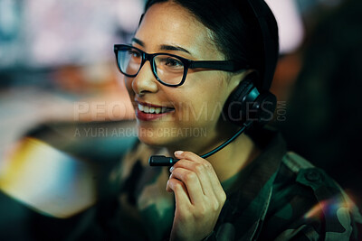 Buy stock photo Information technology, call center and woman with hand on microphone and glasses for big data or intelligence agency. Cyber security, person and smile face for communication, analysis and support
