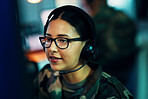Woman, call center and face with microphone and glasses for information technology, big data or intelligence agency. Cyber security, person and smile for communication, analysis and support to army
