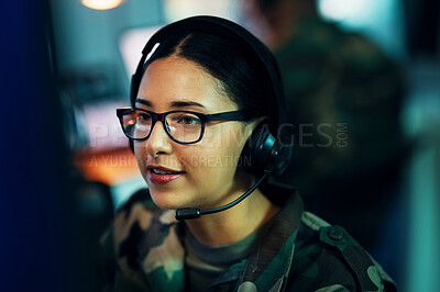 Buy stock photo Woman, call center and face with microphone and glasses for information technology, big data or intelligence agency. Cyber security, person and smile for communication, analysis and support to army
