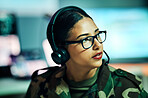 Call center, woman and face with microphone and glasses for information technology, big data or intelligence agency. Cyber security, person and focus for communication, analysis and support to army
