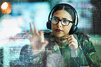 Military, communication and double exposure with a woman user online for location or tactical strategy. Map, dashboard or interface with a young army person talking to a soldier on a secure headset