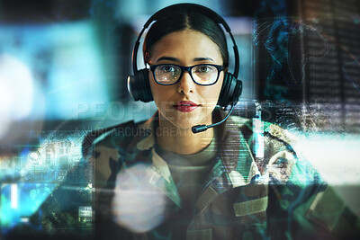 Buy stock photo Portrait, military communication and double exposure with a woman user online for location or tactical strategy. Map, dashboard or interface with a young army person talking to a soldier on a headset