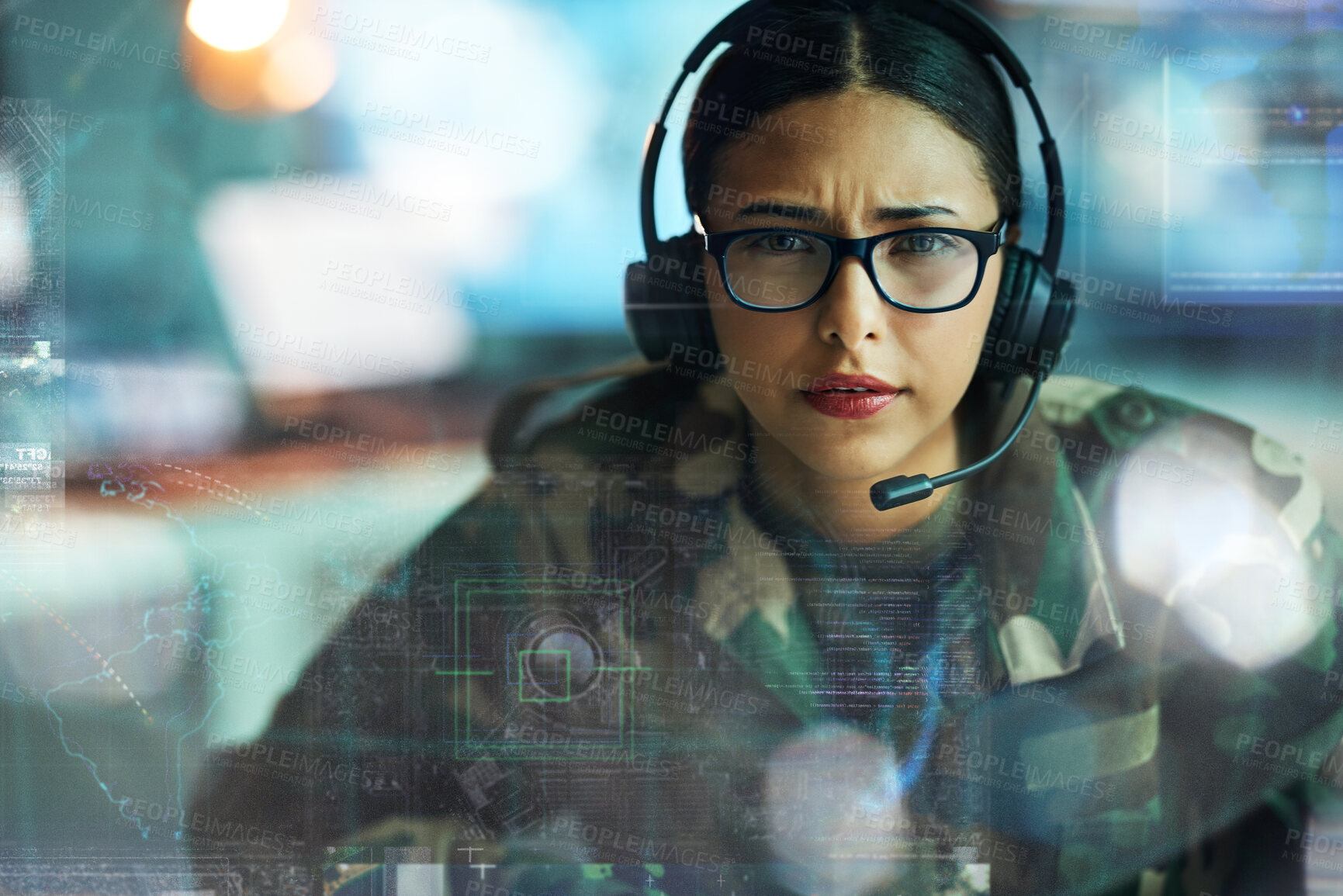 Buy stock photo Portrait, army communication and double exposure with a woman user online for location or tactical strategy. Map, dashboard or interface with a young military person talking to a soldier on a headset