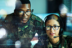 Army, communication and double exposure with a user team online for location or tactical strategy. Map, dashboard or interface with a young military people talking to a soldier on a secure headset