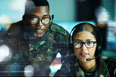 Buy stock photo Army, communication and double exposure with a user team online for location or tactical strategy. Map, dashboard or interface with a young military people talking to a soldier on a secure headset