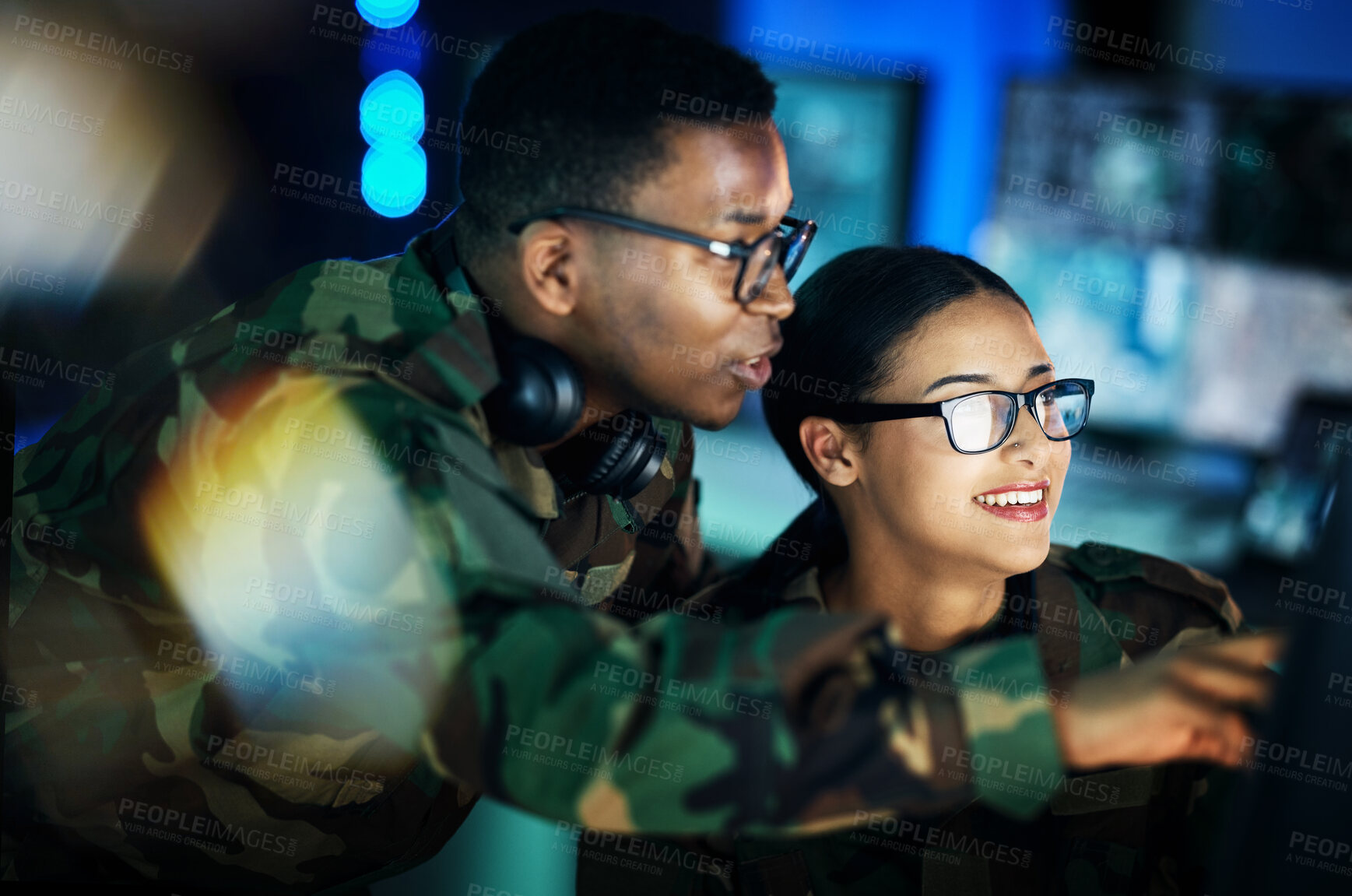 Buy stock photo Military, surveillance and people with computer talking in office for cybersecurity, communication or control room monitor, Army, security or employee in collaboration on database research or support