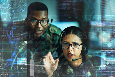 Buy stock photo Military, communication and double exposure with a user team online for location or tactical strategy. Map, dashboard or interface with a young army people talking to a soldier on a secure headset