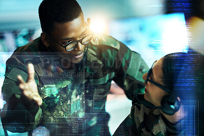 Buy stock photo Control room overlay, military and people on computer for surveillance, tracking operation and national security. Army, government and soldiers online for cybersecurity, communication and monitoring