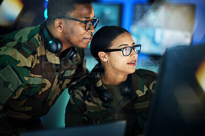 Buy stock photo Military, surveillance and people with computer talking in office for cybersecurity, communication or control room monitor, Army, security and employees in collaboration on project, 