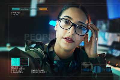 Buy stock photo Record, military and portrait of woman on camera for surveillance, tracking operation and army. Security, government worker and soldier with live streaming overlay online for duty, service and report