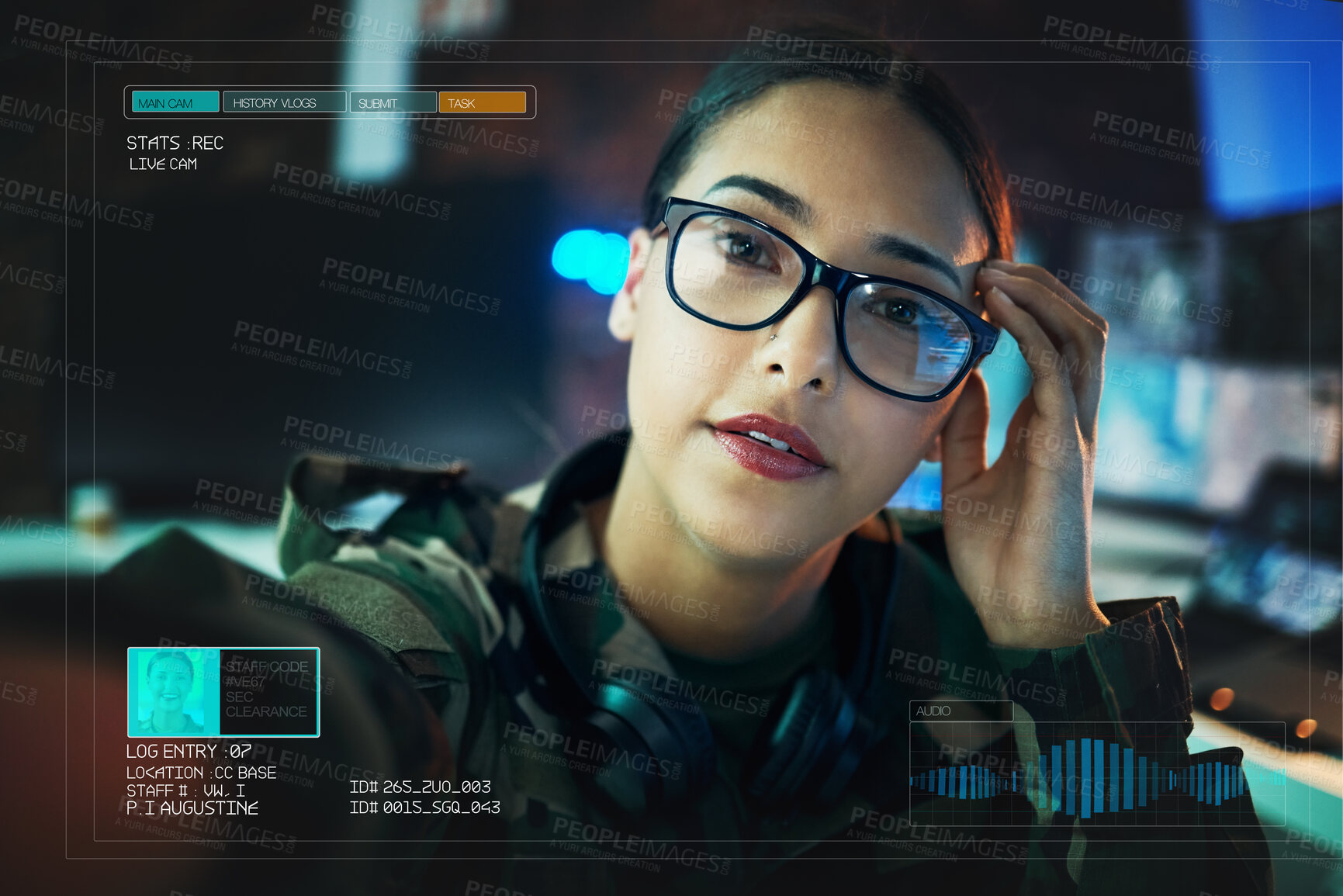 Buy stock photo Record, military and portrait of woman on camera for surveillance, tracking operation and army. Security, government worker and soldier with live streaming overlay online for duty, service and report