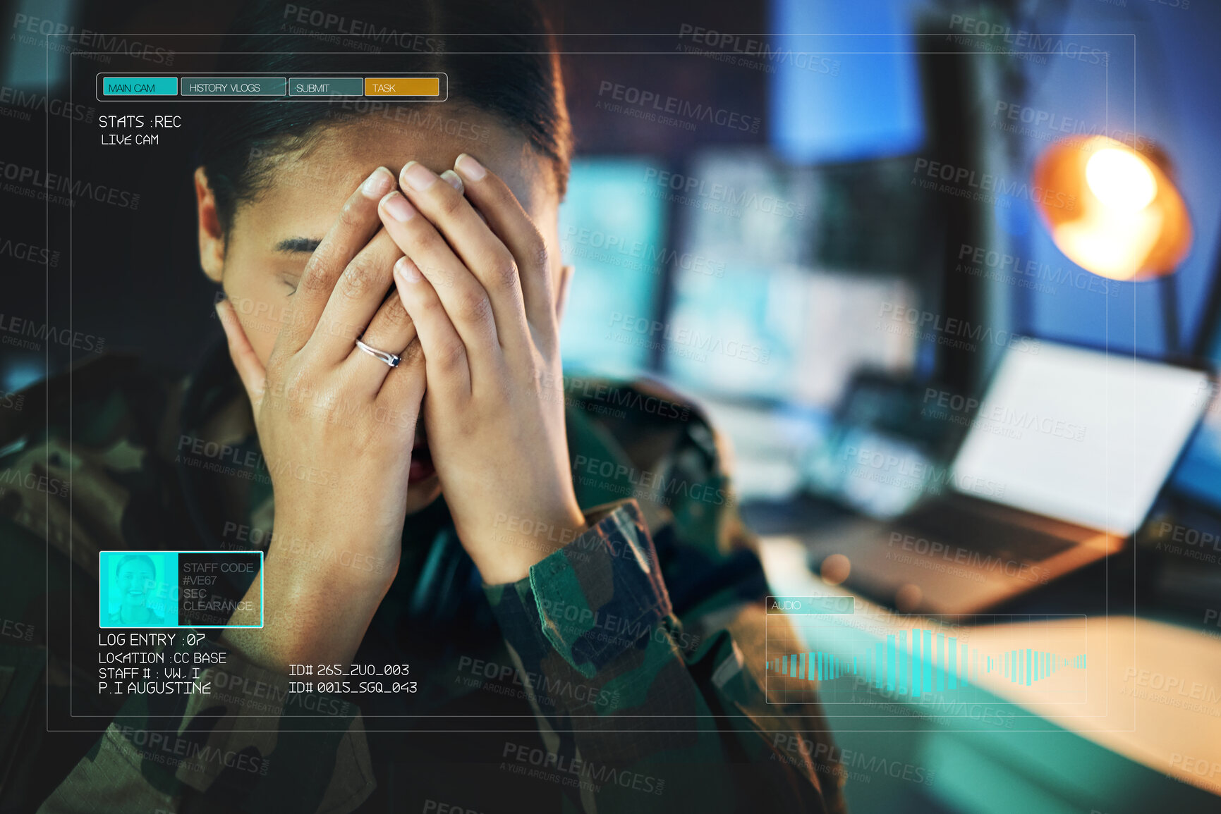 Buy stock photo Tired, night and a woman with a profile in the military while sleeping in a data center. Fatigue, war and a female soldier or army veteran with depression while in a control room for surveillance