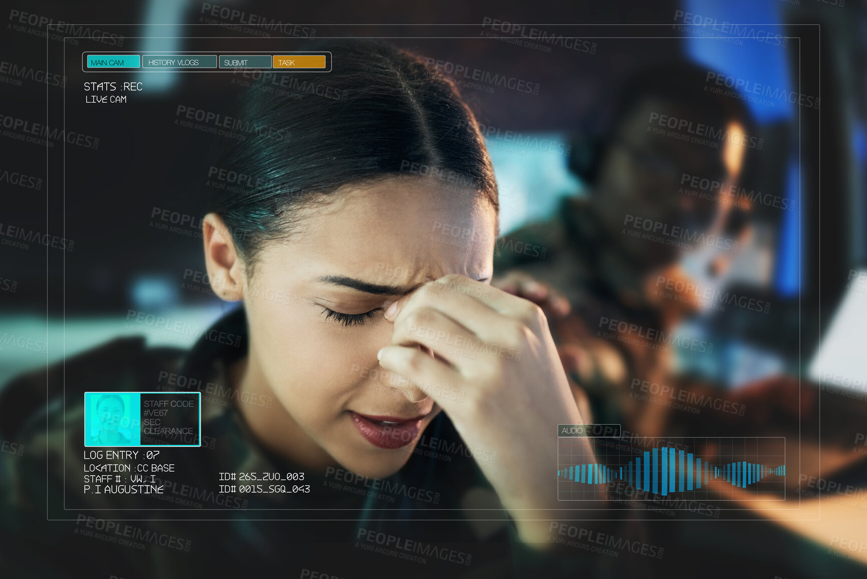 Buy stock photo Face, stress and a military woman on camera in a control room to monitor vital signs of a soldier. Headache, fail or error with a young army person feeling the pressure of war strategy and loss