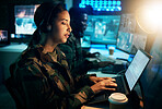 Army command center, laptop and woman in headset, global surveillance and tech communication. Security, intelligence and soldier at computer in military office at government cyber data control room.