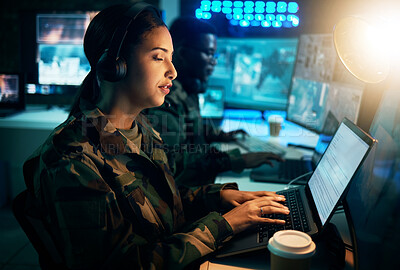 Buy stock photo Army command center, laptop and woman in headset, global surveillance and tech communication. Security, intelligence and soldier at computer in military office at government cyber data control room.