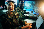 Military control room, laptop and portrait of woman in headset, smile and tech communication. Security, global surveillance and happy soldier at computer in army office at government command center.