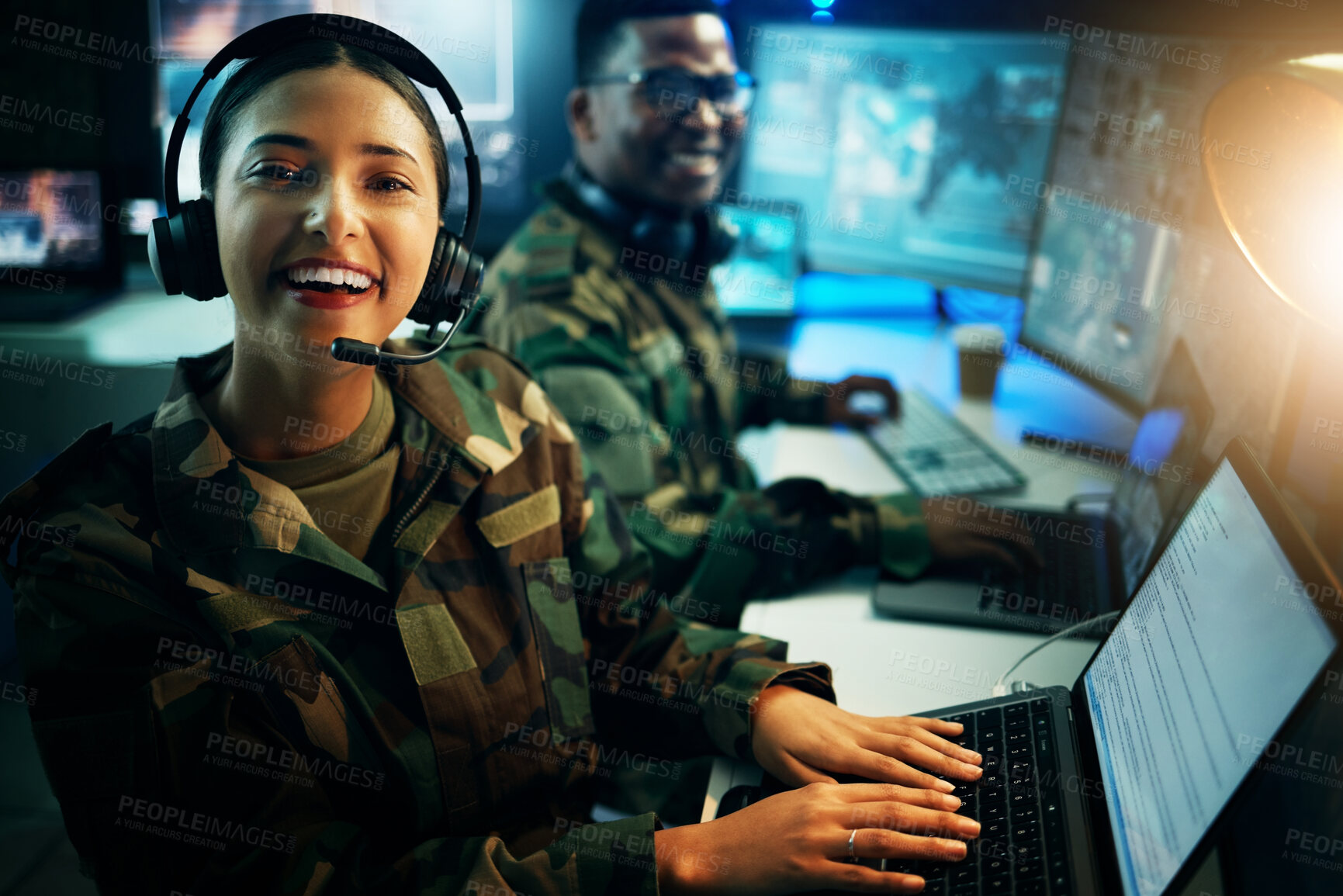 Buy stock photo Military control room, laptop and portrait of woman in headset, smile and tech communication. Security, global surveillance and happy soldier at computer in army office at government command center.