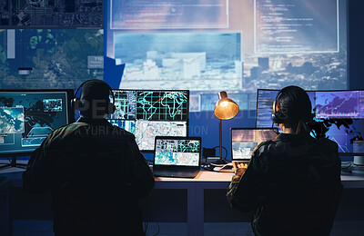 Buy stock photo Military control room, computer screen and team with surveillance, headset and tech communication from back. Security, satellite map and man with woman at monitor in army office at command center.