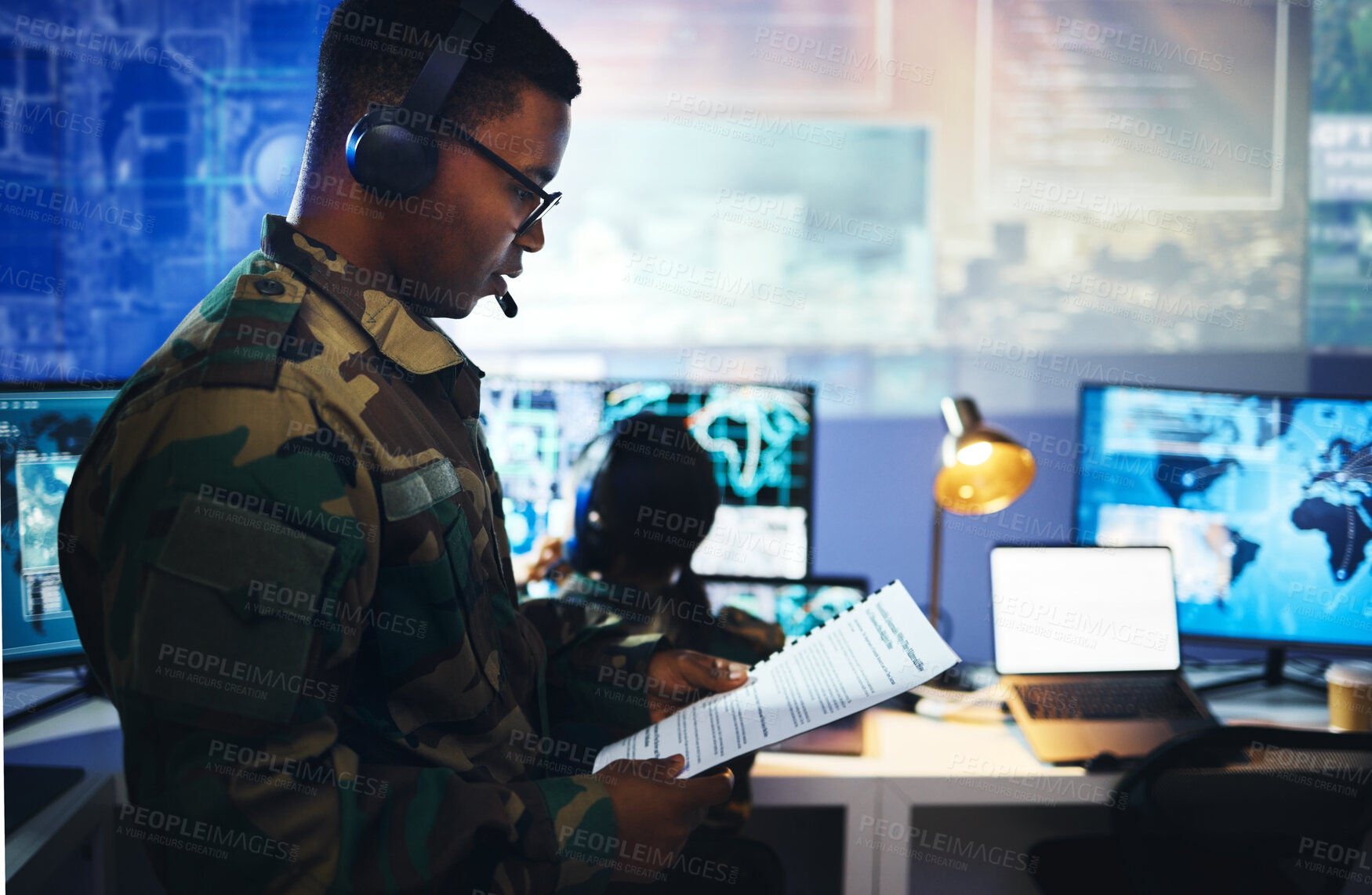 Buy stock photo Control room, military documents and people on computer for surveillance, tracking operation and national security. Army, government report and soldiers for cybersecurity, communication and network