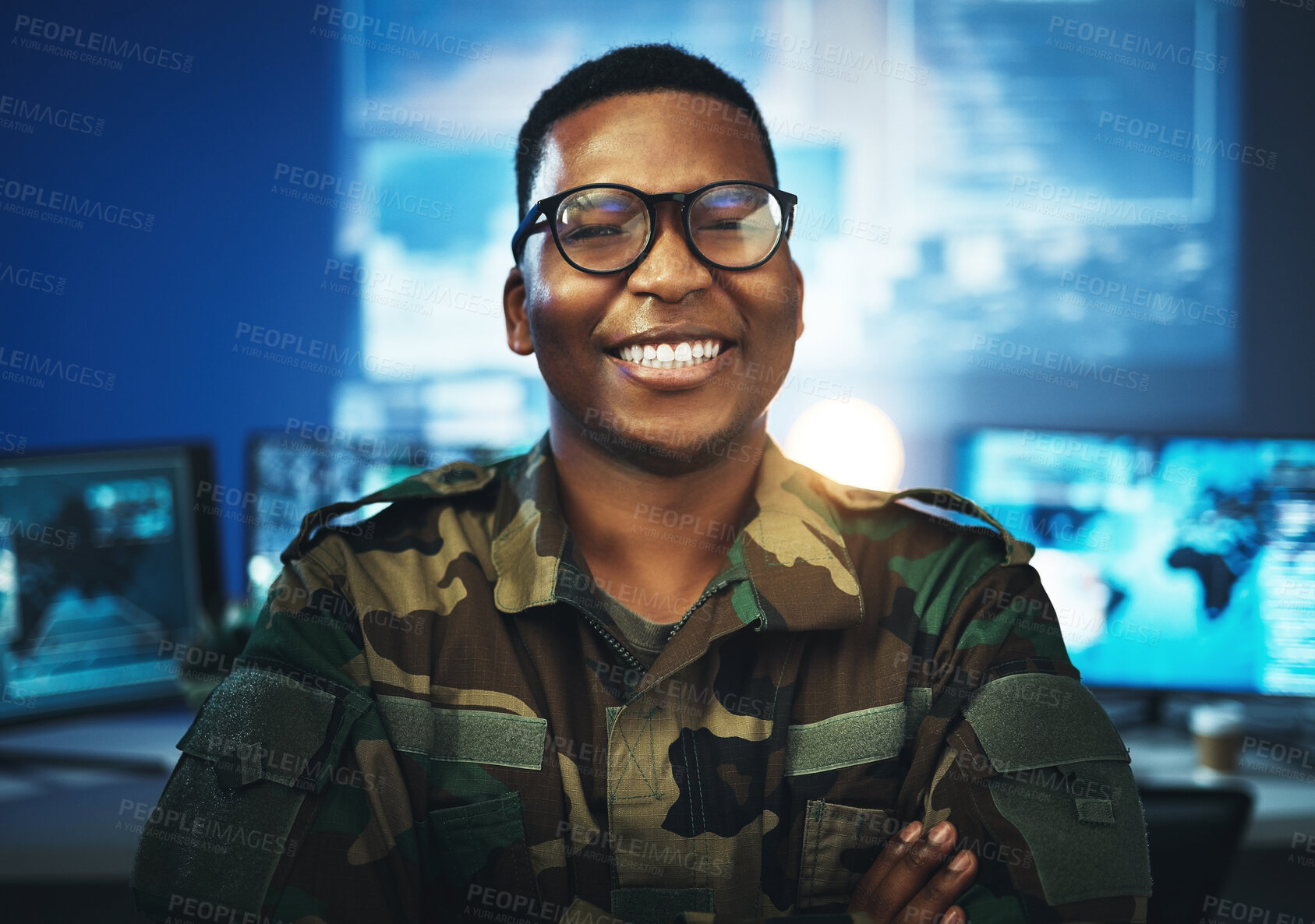 Buy stock photo Military, surveillance and happy portrait of man with arms crossed in cybersecurity, control room and government mission. Army, employee and face in smile with pride, confidence and working in tech