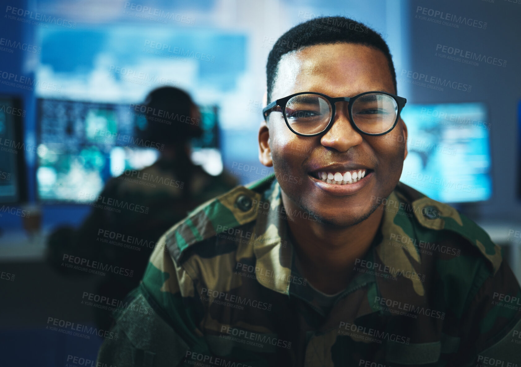 Buy stock photo Military, surveillance and happy portrait of man in cybersecurity, control room and government communication office. Army, employee and smile on face with pride, confidence and working in spy tech