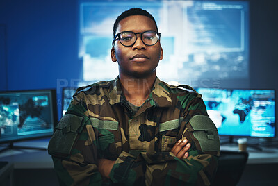 Buy stock photo Military, surveillance and portrait of man with arms crossed in security, control room and monitor government, operation or mission. Army, employee and face with pride, confidence and working in tech