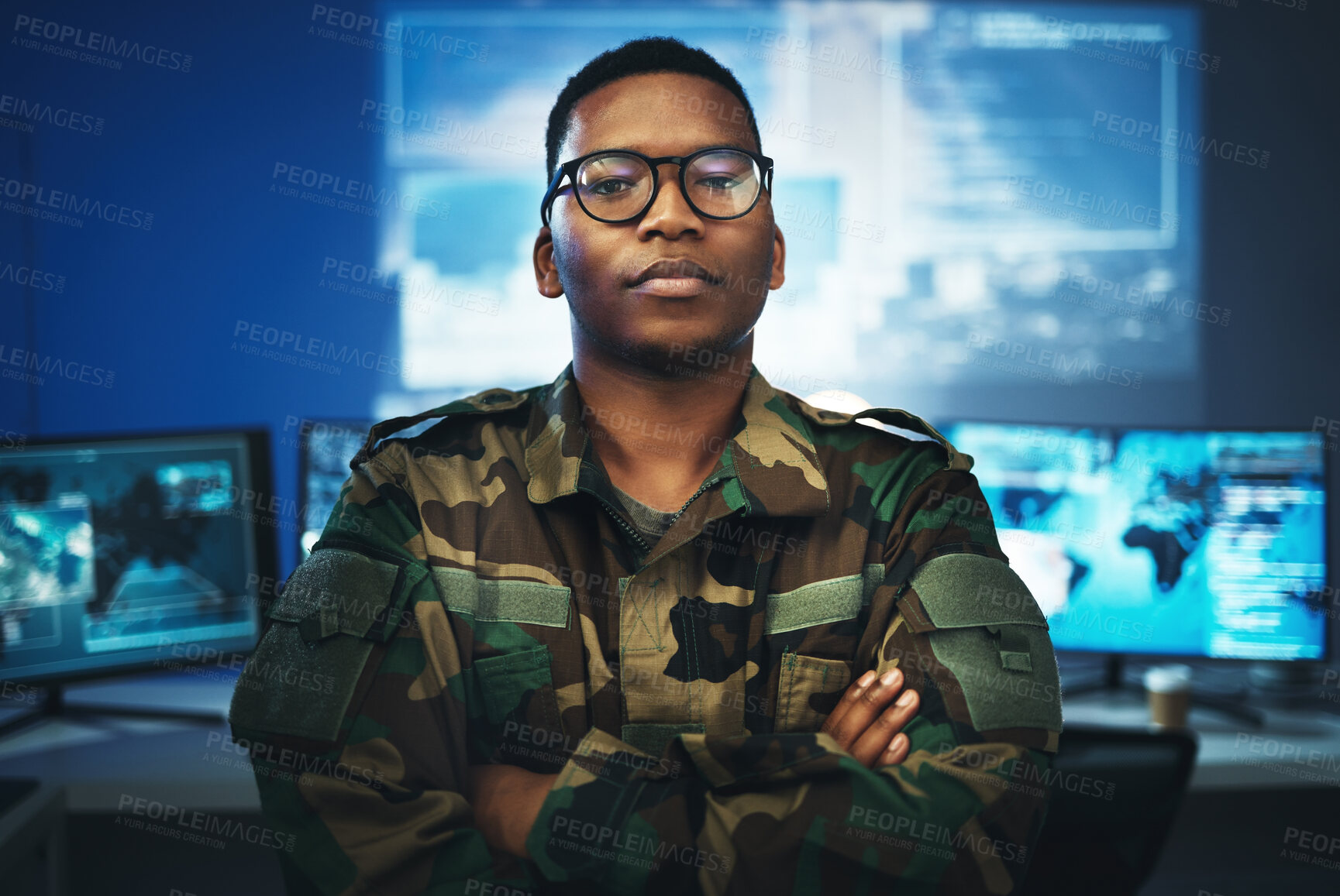 Buy stock photo Military, surveillance and portrait of man with arms crossed in security, control room and monitor government, operation or mission. Army, employee and face with pride, confidence and working in tech