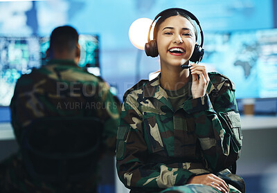 Buy stock photo Portrait, headset and a woman in a military control room for strategy as a soldier in uniform during war or battle. Face, smile and young army person in an office for support, surveillance or service