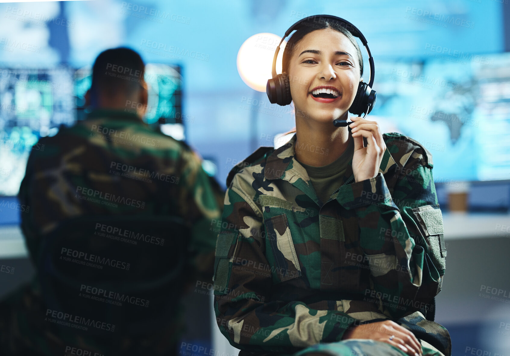 Buy stock photo Portrait, headset and a woman in a military control room for strategy as a soldier in uniform during war or battle. Face, smile and young army person in an office for support, surveillance or service