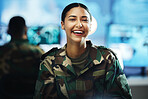 Portrait, smile and a woman in a military control room for strategy as a soldier in uniform during war or battle. Face, happy and a young army person in an office for support, surveillance or service