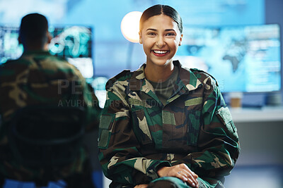 Buy stock photo Portrait, smile and a woman in an army control room for strategy as a soldier in uniform during war or battle. Face, happy and young military person in an office for support, surveillance or service