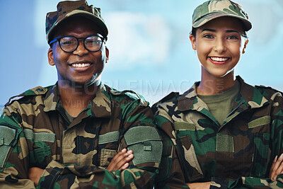 Buy stock photo Teamwork, security and arms crossed with portrait of soldier for military service, veteran and mission planning. Intelligence, strategy, surveillance and warrior with people in control room for hero