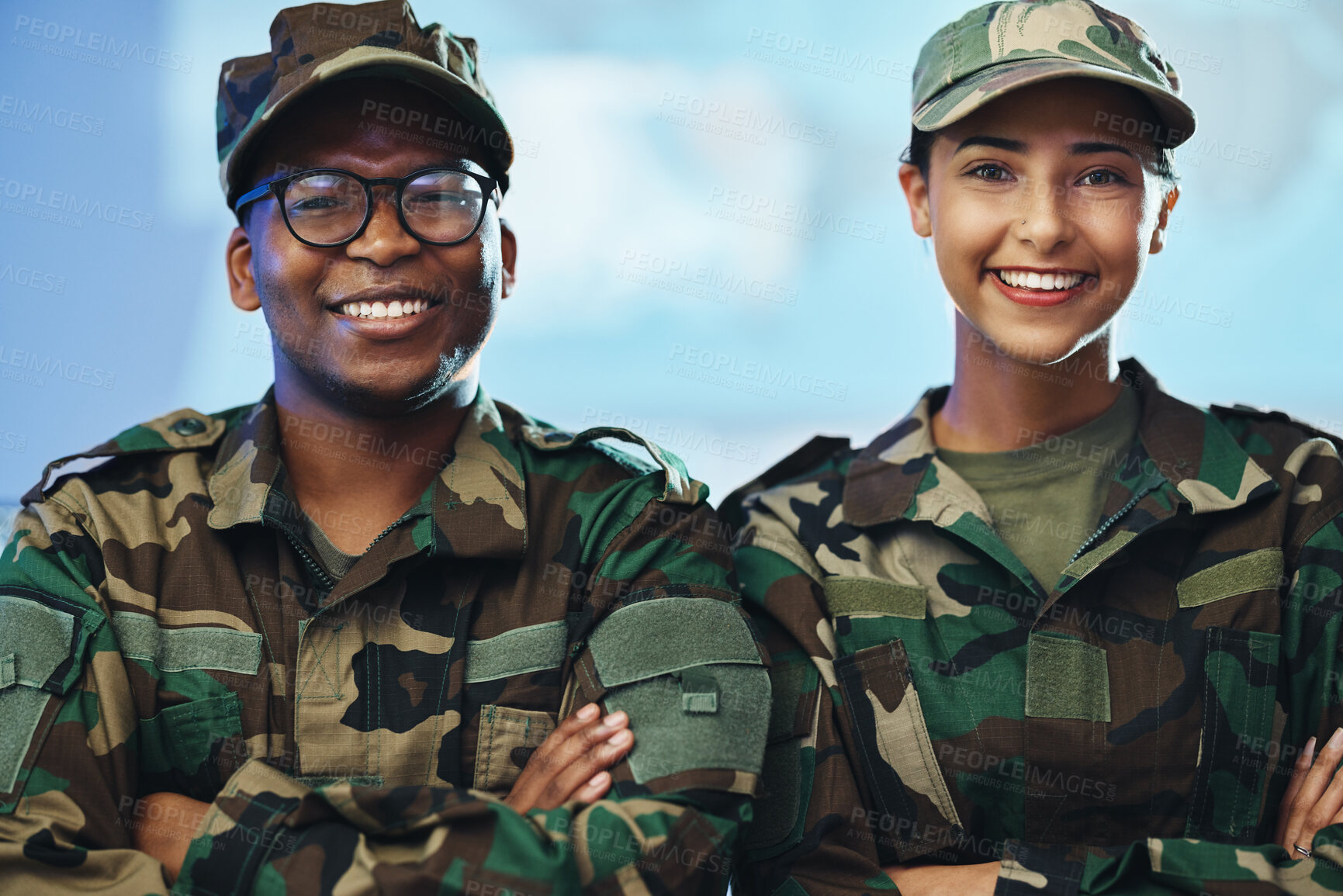 Buy stock photo Teamwork, security and arms crossed with portrait of soldier for military service, veteran and mission planning. Intelligence, strategy, surveillance and warrior with people in control room for hero