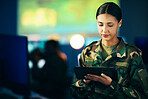 Military, woman and working with tablet in surveillance, control room or technical support for army, officer or mission. USA, cybersecurity and person with online database, research or communication