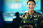 Military, woman and happy portrait with tablet in surveillance, control room or technical support for army, office or mission. USA, cybersecurity or face of person with research or communication 