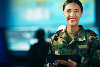 Buy stock photo Military, woman and happy portrait with tablet in surveillance, control room or technical support for army, office or mission. USA, cybersecurity or face of person with research or communication 