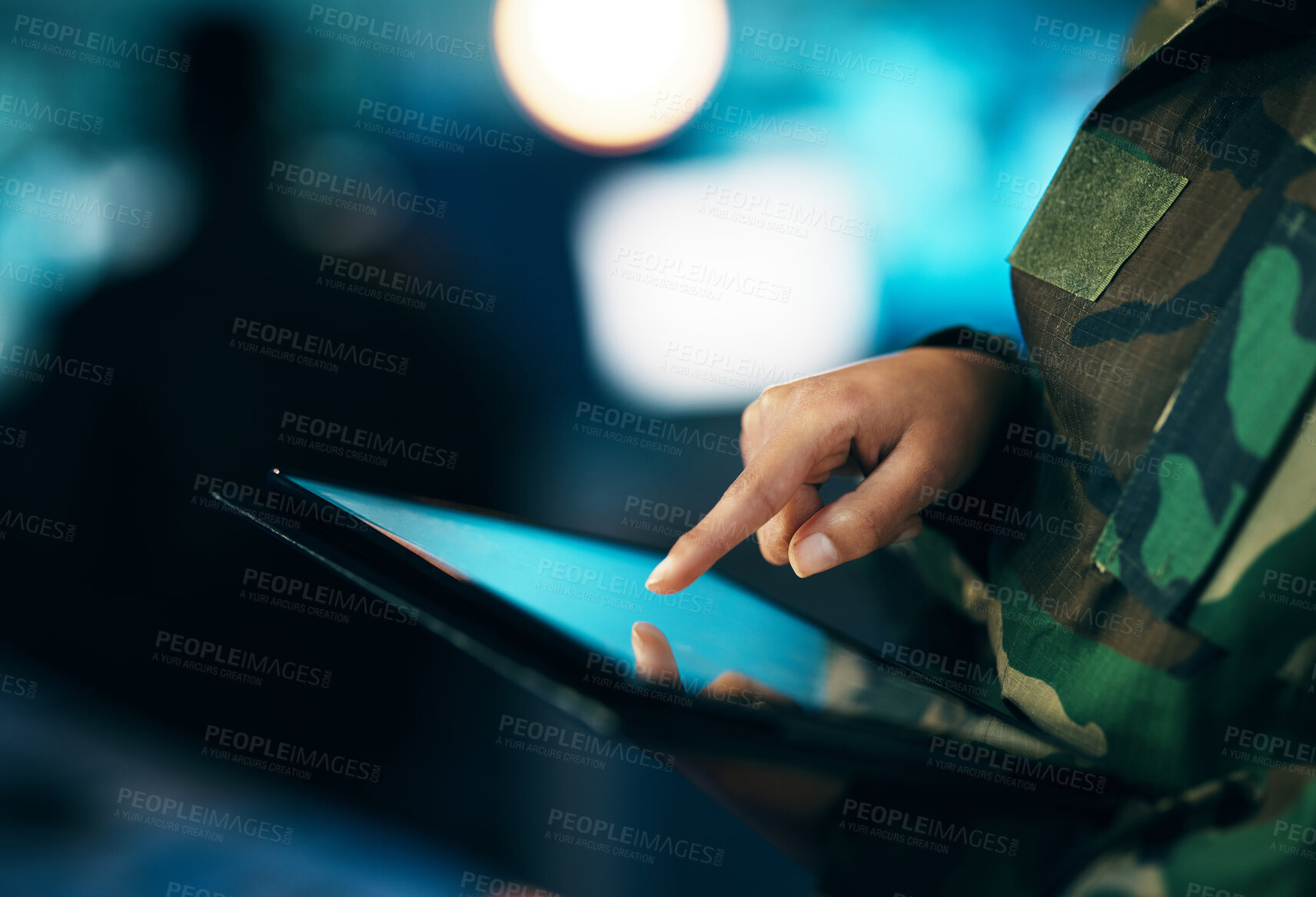 Buy stock photo Military, woman and hand typing with tablet in communication, surveillance or technical support in control room for army. USA, cybersecurity or person working online with database, research or mockup