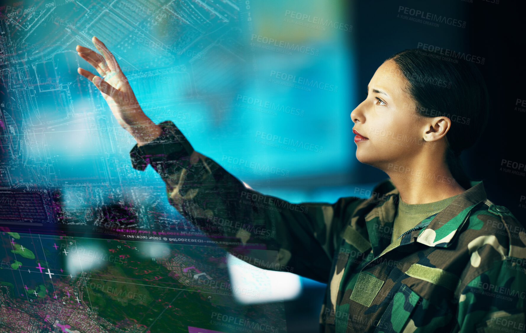 Buy stock photo Map, location and a military woman using a dashboard for security, strategy or surveillance in a control room. Army, digital and double exposure with a young soldier looking at a 3D or AI hologram