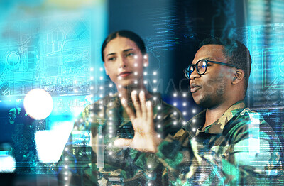 Buy stock photo Cyber security, board and people in the army for planning with overlay and global surveillance. Talking, night and a black man with a woman for digital information and a virtual military system