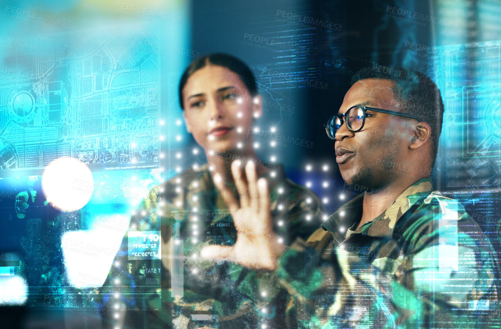 Buy stock photo Cyber security, board and people in the army for planning with overlay and global surveillance. Talking, night and a black man with a woman for digital information and a virtual military system